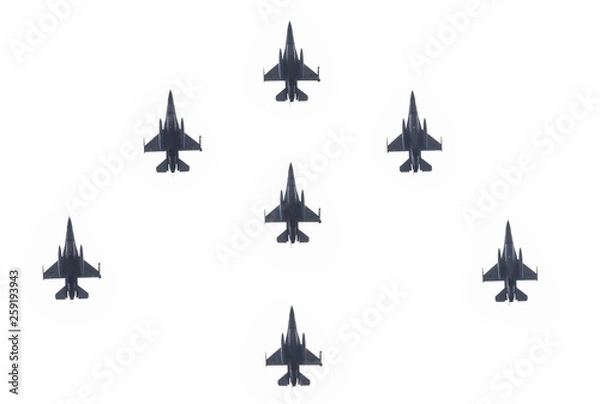 Fototapeta Formation of military planes compound of modern fighter jets isolated on white background. Army aircrafts group. Concept of war, conflict and combat air patrol. 