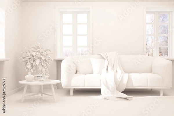 Fototapeta Stylish minimalist room with sofa in white color. Scandinavian interior design. 3D illustration