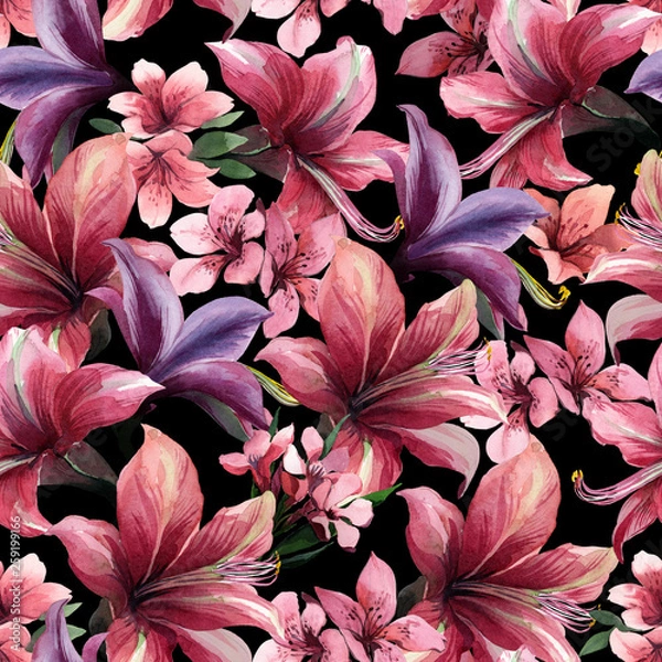 Fototapeta Watercolor seamless pattern of tropical red flowers on black