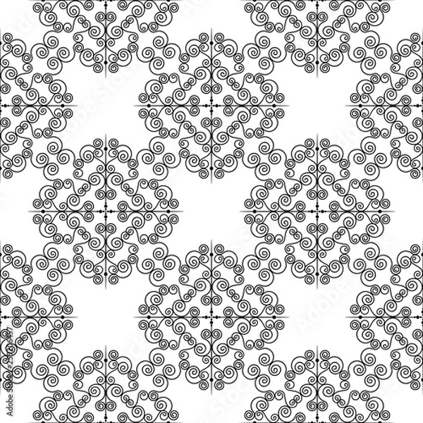 Fototapeta Forged seamless pattern of black fleur-de-lis on a white background. Openwork metal fence design. Modern style for wallpaper, wrapping, fabric, background, apparel, other print production.