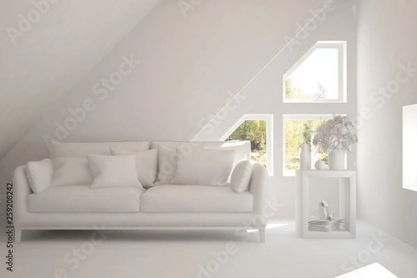 Fototapeta White stylish minimalist room with sofa and autumn landscape in window. Scandinavian interior design. 3D illustration