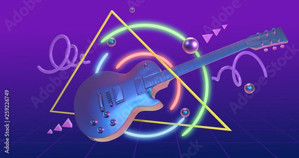 Obraz 3D Render, retrowave art guitar