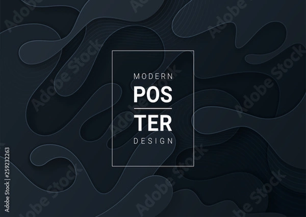 Fototapeta Abstract paper cut black background with wavy layers; Realistic carving art; Vector 3d template; Material design concept.