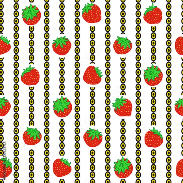 Fototapeta Strawberry and vertical chain look stripes vector seamless pattern background. Bright print for fashion, shirt fabric, wallpaper, scrapbooking, textile.