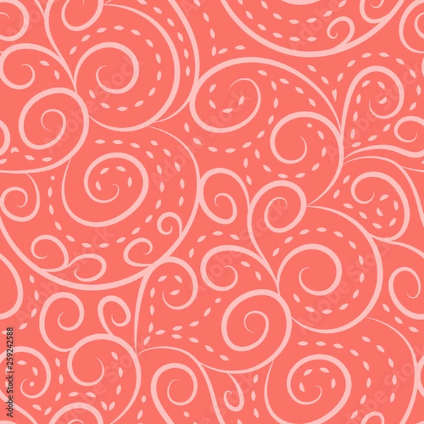 Fototapeta Elegant ornate vine swirls seamless vector pattern in living coral color. Texture look design for upholstery fabric, packaging, wrapping paper, wallpaper, graphic, web site background, apparel.