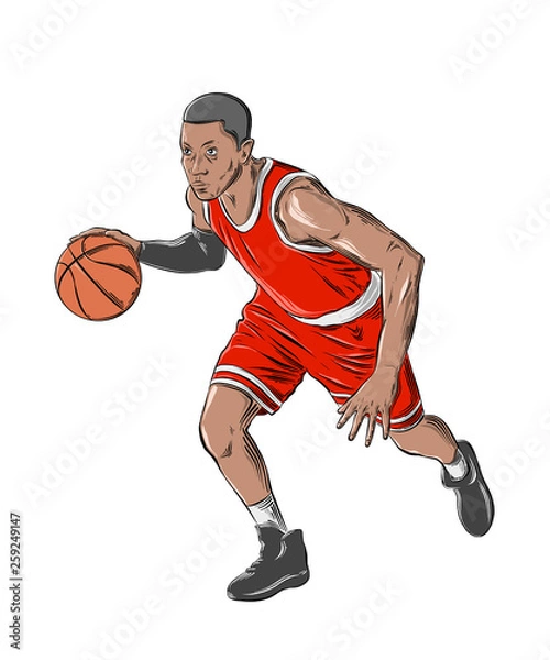 Fototapeta Hand drawn sketch of basketball player in color, isolated on white background. Detailed vintage style drawing. Vector illustration