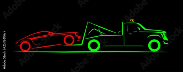Fototapeta partial loading tow truck simple side view schematic image on black background