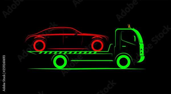 Fototapeta tow truck with full loading simple side view schematic image on black background