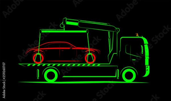 Fototapeta tow truck with full loading with crane simple side view schematic image on black background