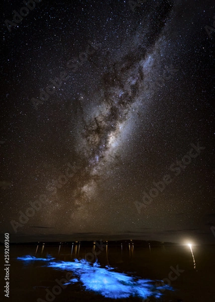 Obraz Kayaking under the Milky Way with bright blue bioluminescence