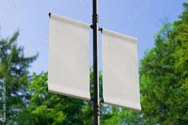 Obraz 3D rendering of blank flag banner (empty advertisement) with clouds. Empty mockup template