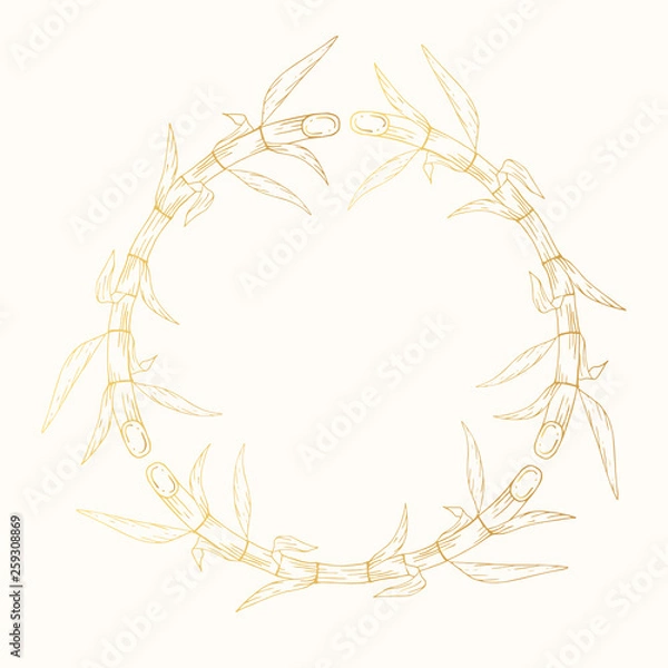Fototapeta Round hand drawn wooden border Japanese golden bamboo frame made of stems. Vector gold banner, template or photo board isolated background.