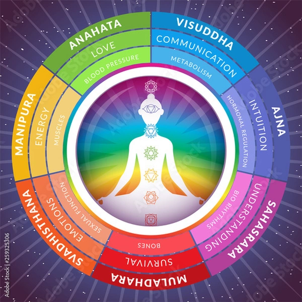 Fototapeta Yoga chakras infographics with meditating girl inside circuit isolated on starry space background