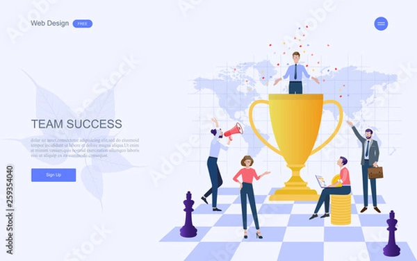 Fototapeta Business concept for successful business people team winner and achievement. Big trophy for businessman. Vector illustration template,web banner with people, team.