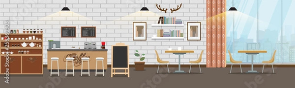 Obraz Empty cafe interior. Cofee shop Bar counter with flat and solid color style. Vector illustration