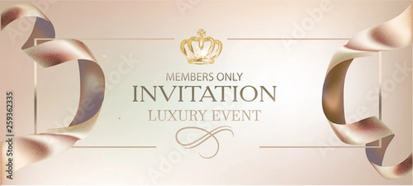 Fototapeta Elegant beige invitation card with beautiful curly ribbons. Vector illustration