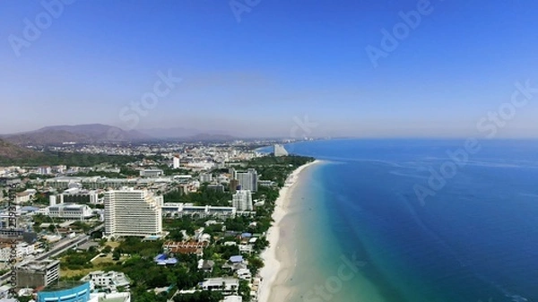 Fototapeta Top view of the beautiful seascape in Hua Hin in Prachuap Khiri Khan Province, Thailand, aerial view on the coastline, sea and the city of Hua Hin.