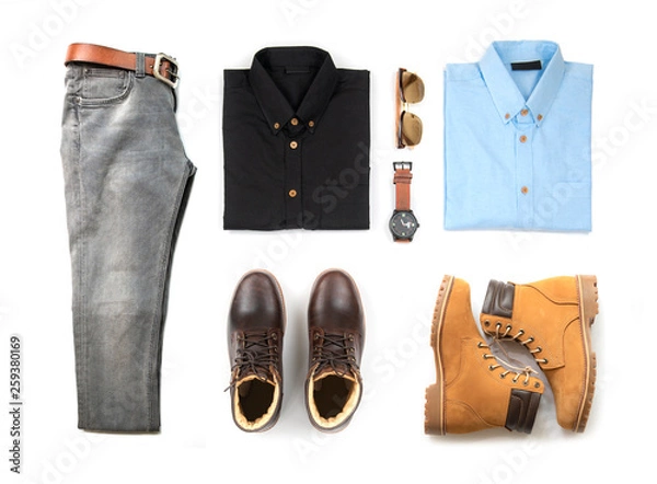 Fototapeta Men's casual outfits for man clothing with brown boot , watch, blue jeans, belt, wallet, sunglasses, office shirt and bracelet isolated on white background, Top view