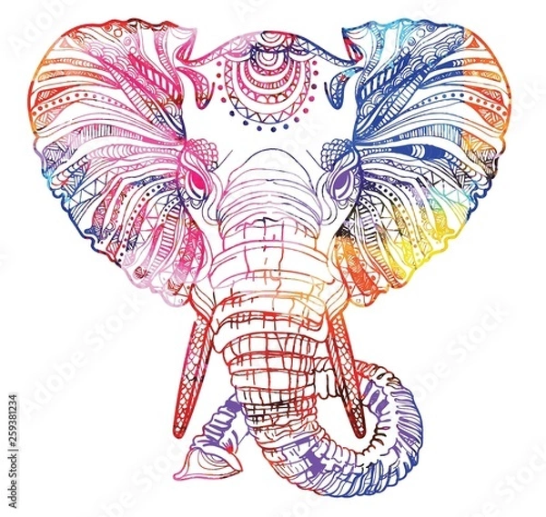 Fototapeta The head of an elephant. Meditation, coloring of the mandala. Large horns and long trunk. Elephant with tusks. Drawing manually, templates. Strips, points, arrows. Spots of watercolor paint, spray. 