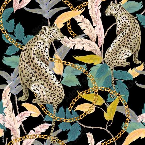 Fototapeta Baroque seamless pattern with exotic trees, leopard, hibiscus and golden chains on black background. Vector patch for wallpapers, fabric, surface textures, textile.