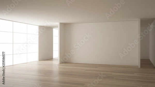 Fototapeta Empty room interior design, open space with white walls, modern style, parquet wooden floor, minimalist contemporary architecture, concept, mock-up, architecture idea