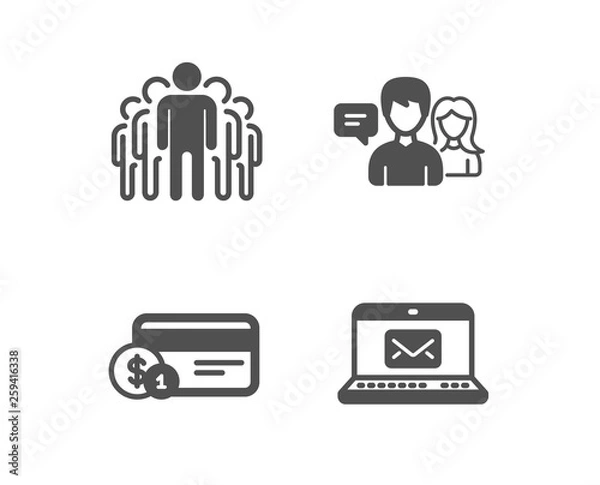 Fototapeta Set of Payment method, People talking and Group icons. E-mail sign. Cash or non-cash payment, Contact service, Managers. New message.  Classic design payment method icon. Flat design. Vector