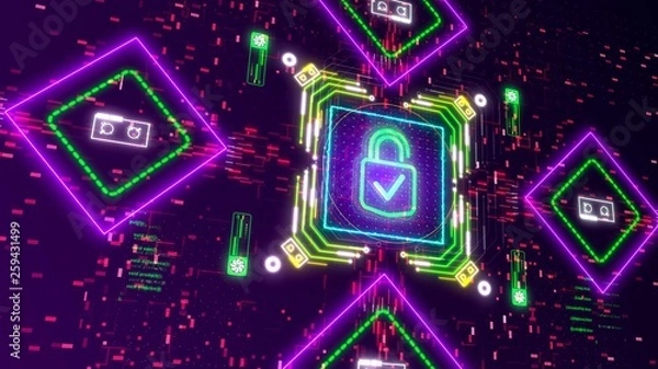 Obraz Digital neon padlock symbol on abstract computer interface background.