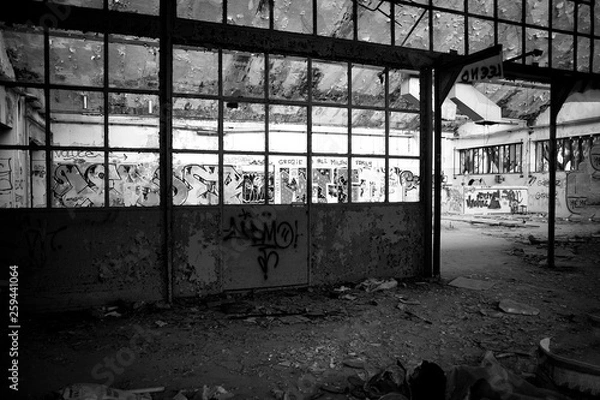 Obraz luogo abbandonato con muri pieni di murales