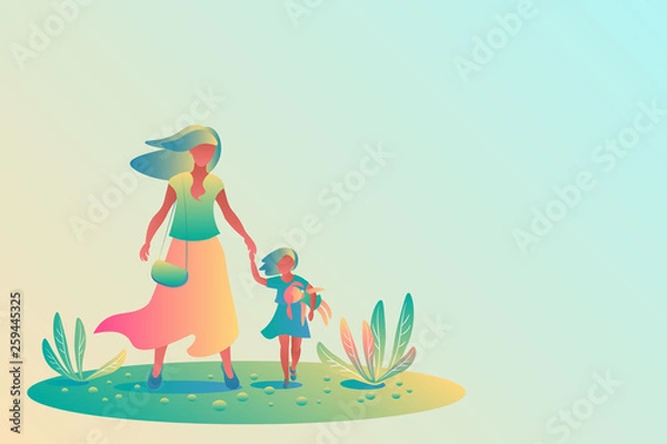 Obraz Young beautiful mother holds the hand of her little daughter for a walk. The baby carries a big doll. Template, flat design, colorful gradients, vector illustration