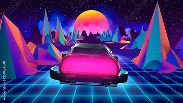 Fototapeta 3D RENDER, flying car of the future, retrowave style back to the 80's.