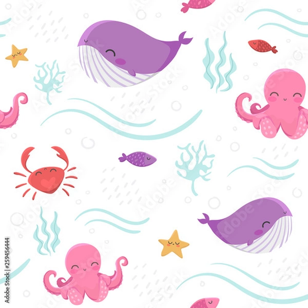 Fototapeta Seamless pattern with sea inhabitants: octopus, fish, starfish, whale, crabs and algae