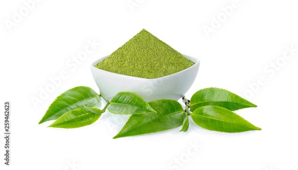 Obraz Green tea leaf isolated on white background.