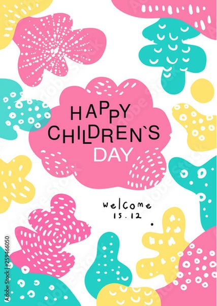 Obraz Happy childrens day poster with date, template can be used for placard, invitation, banner, card, flyer vector Illustration