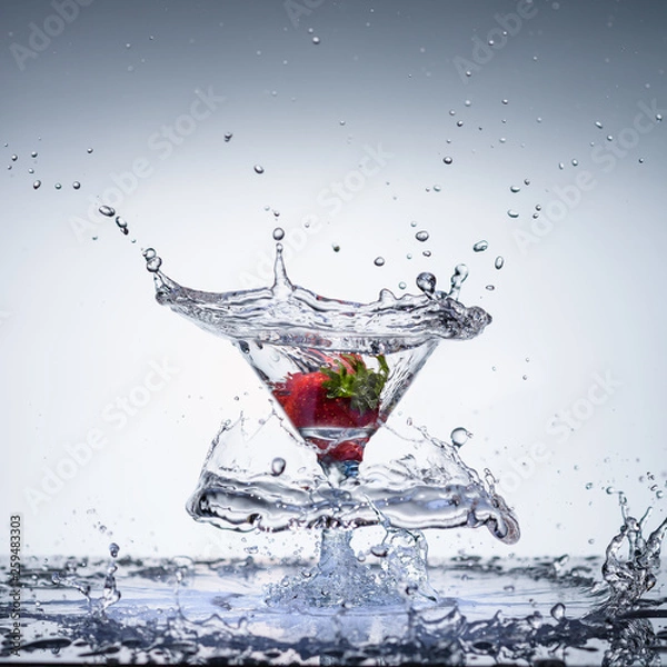 Fototapeta Beautiful frozen nuclear explosion of freshness with splashes of water, in a cocktail glass with strawberries, on a white background.