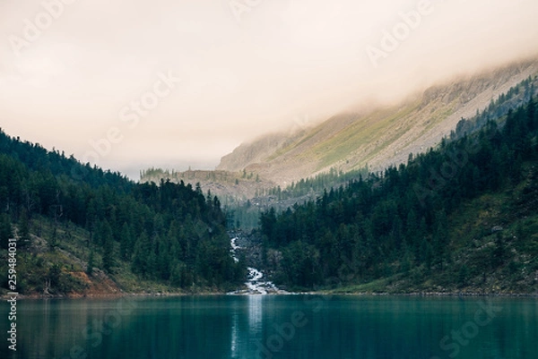 Fototapeta Ghostly forest near mountain lake in early morning. Mountain creek flows into lake. Ripple on smooth water surface. Low clouds. Dark calm atmospheric misty woodland landscape. Tranquil atmosphere.