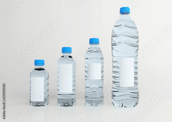 Fototapeta Set of drinking water bottle with empty label and blue caps, Different size of bottles from small to big, Template for your brand, isolated on white background, 3D illustration.