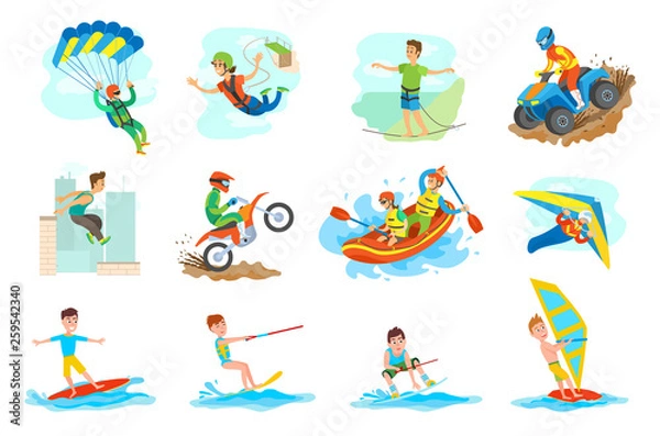 Fototapeta People leading active lifestyle vector, set of person. Parkour and windsurfing, hang gliding and skydiving, bungee jumping and highlining, rafting water