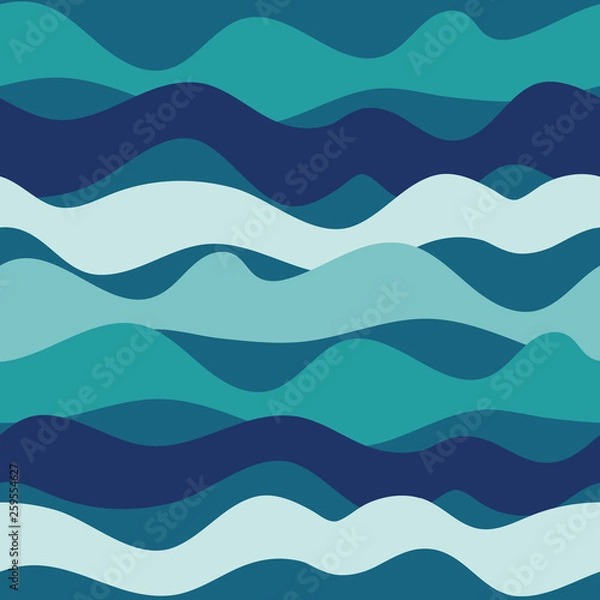 Fototapeta Abstract ocean waves seamless pattern in blue and turquoise. Lively irregular horizontal wavy shapes overlap to create a beautiful repeat vector. Great for textiles, home decor, and graphic design.