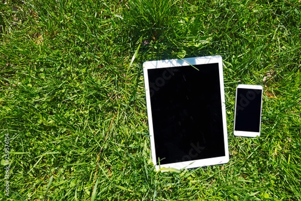 Fototapeta White smartphone and digital tablet on green grass. Mock up of gadgets with black displays.