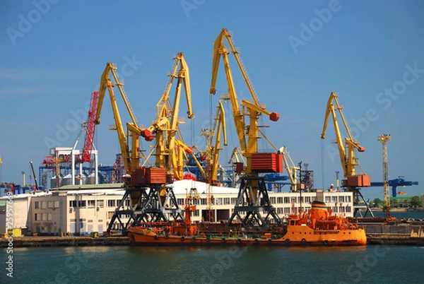 Fototapeta The trading seaport with cranes, cargoes and ship