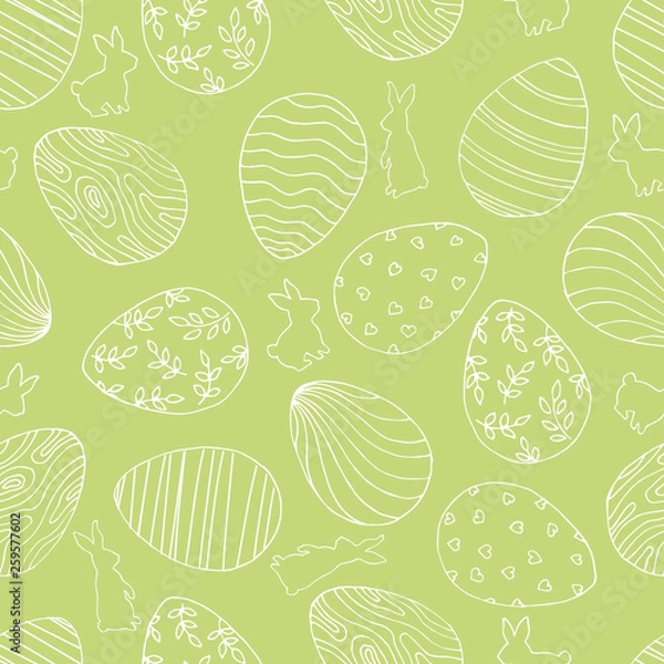 Obraz Beautiful green seamless background with Easter eggs and rabbit.