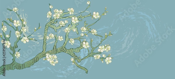 Obraz Spring almond branch, flowers in vector. Blooming tree vintage. Boho style. By pictures Vincent Van Gogh almond branch retro.
