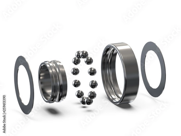 Obraz Radial ball bearing disassembled. Ball bearing assembly. 3D rendering.