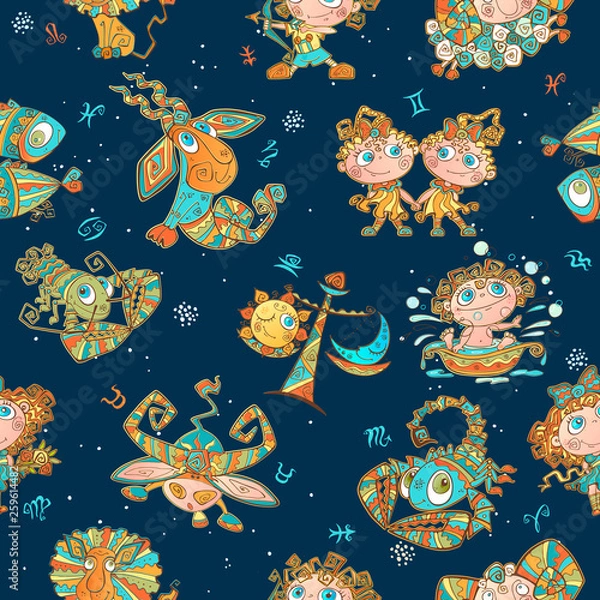 Fototapeta Seamless pattern with zodiac signs for kids. Vector. zodiac circles.