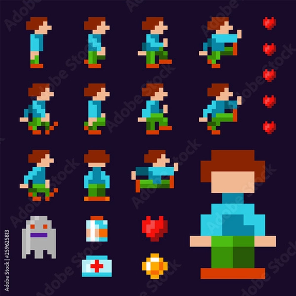 Fototapeta Pixel video game hero, all movement phases. 8 bit arcade vintage game hero. Moving retro video game pixel personage.
