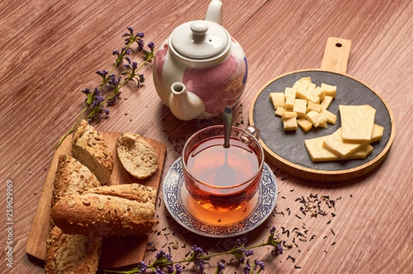 Obraz Tea with breand and cheese