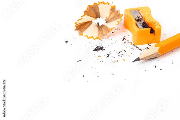 Fototapeta work space Yellow pencil,Sharpener,pins and clip Set for Office and Education at School concept isolate on white background