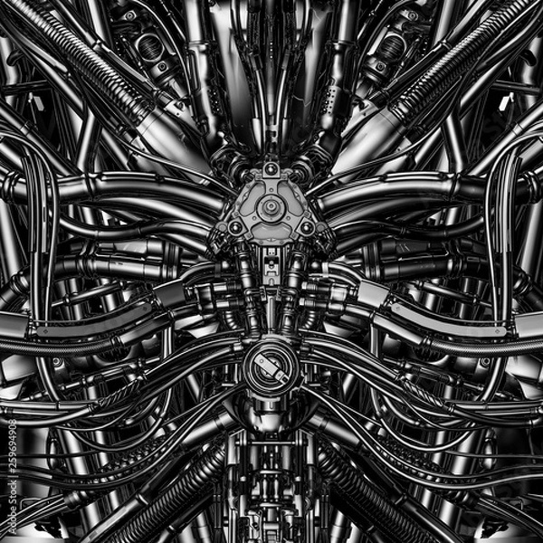 Fototapeta Core of the machine / 3D illustration of complex futuristic science fiction brain nucleus machinery background