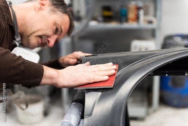 Fototapeta Professioneller Autolackierer schleift ein Autoteil mit Schmirgelpapier vor bei in einer Werkstatt - Serie Autowerkstatt.