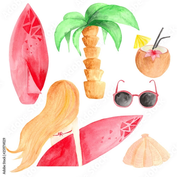 Obraz Hand drawn watercolor ocean surfing set with palm girl with surf, surf, cocktail, coconut, shell, sunglasses.Watercolour sea sport activity.